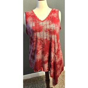 Unity One World Womens XL Red Asymmetrical Studded Lace Trim Boho Top